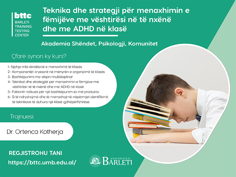 Fillon së shpejti: “Teknika dhe strategji për menaxhimin e fëmijëve me vështirësi në të nxënë dhe me ADHD në klasë”